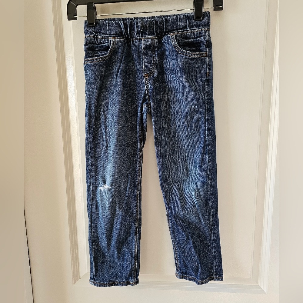 Kid's sz 6 Blue Denim Straight Jeans Pull-On Elastic Waist Distressed Everyday